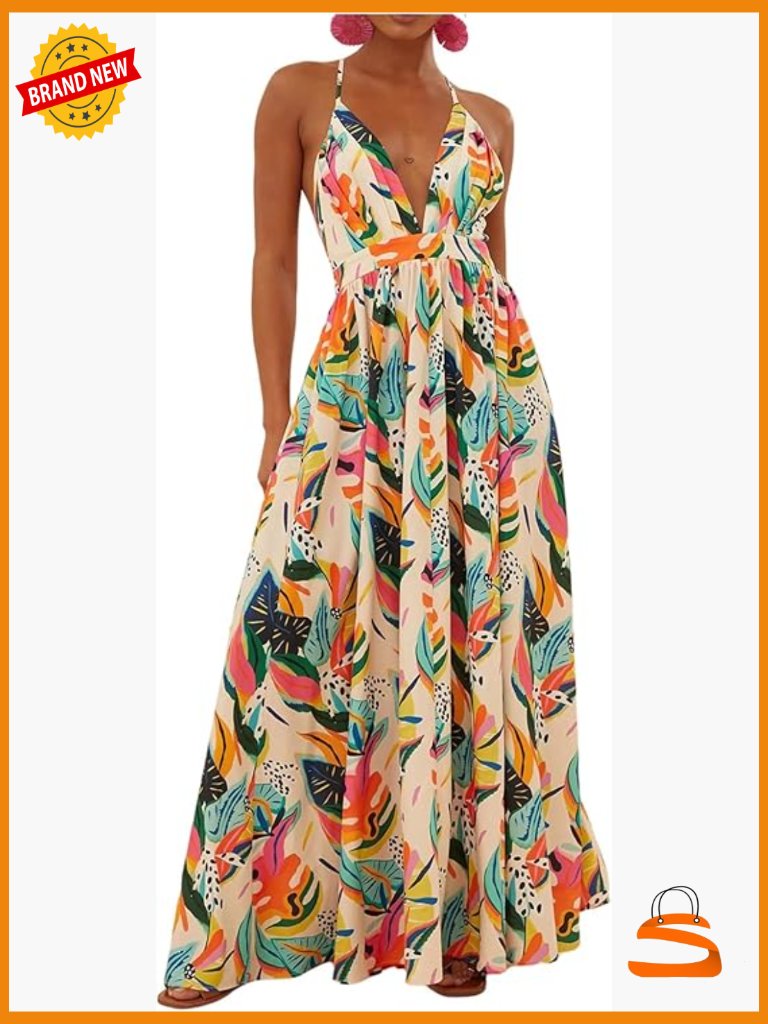 Colorful Botanical Print Halter Maxi Dress Deep V Neck Cross Back